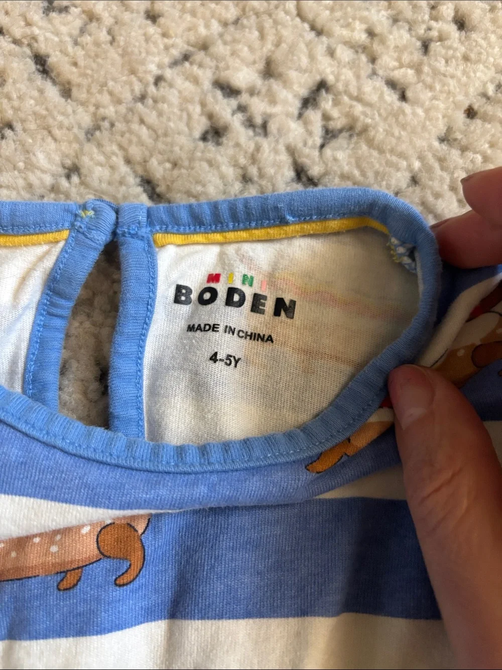 Mini Boden Girls Blue & White Striped Dress with Hot Dog Dachshund Print sz 4-5T